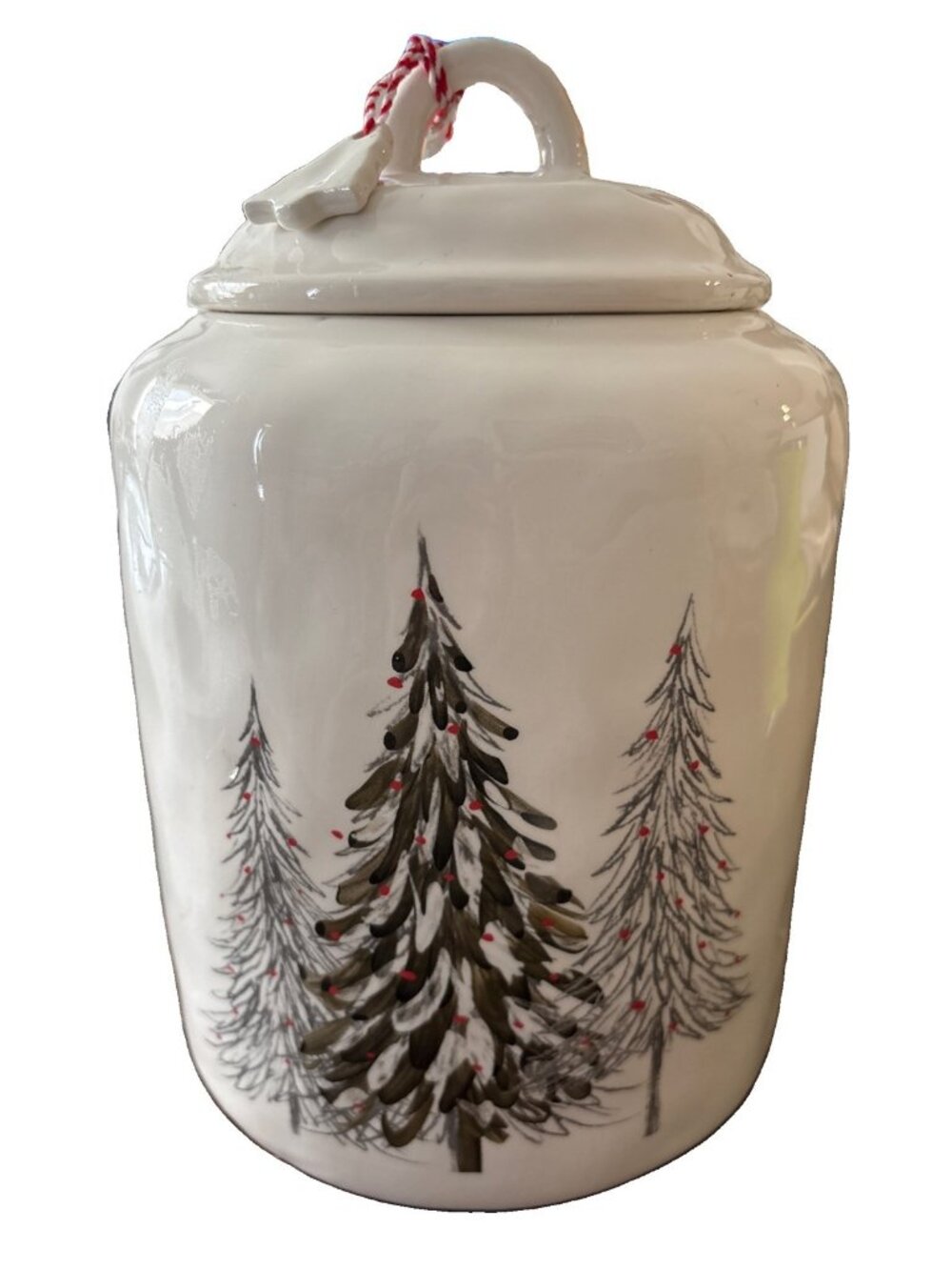 10 Strawberry Street Cookie Jar/ 10”Canister w/3 Christmas Trees-Beautiful!